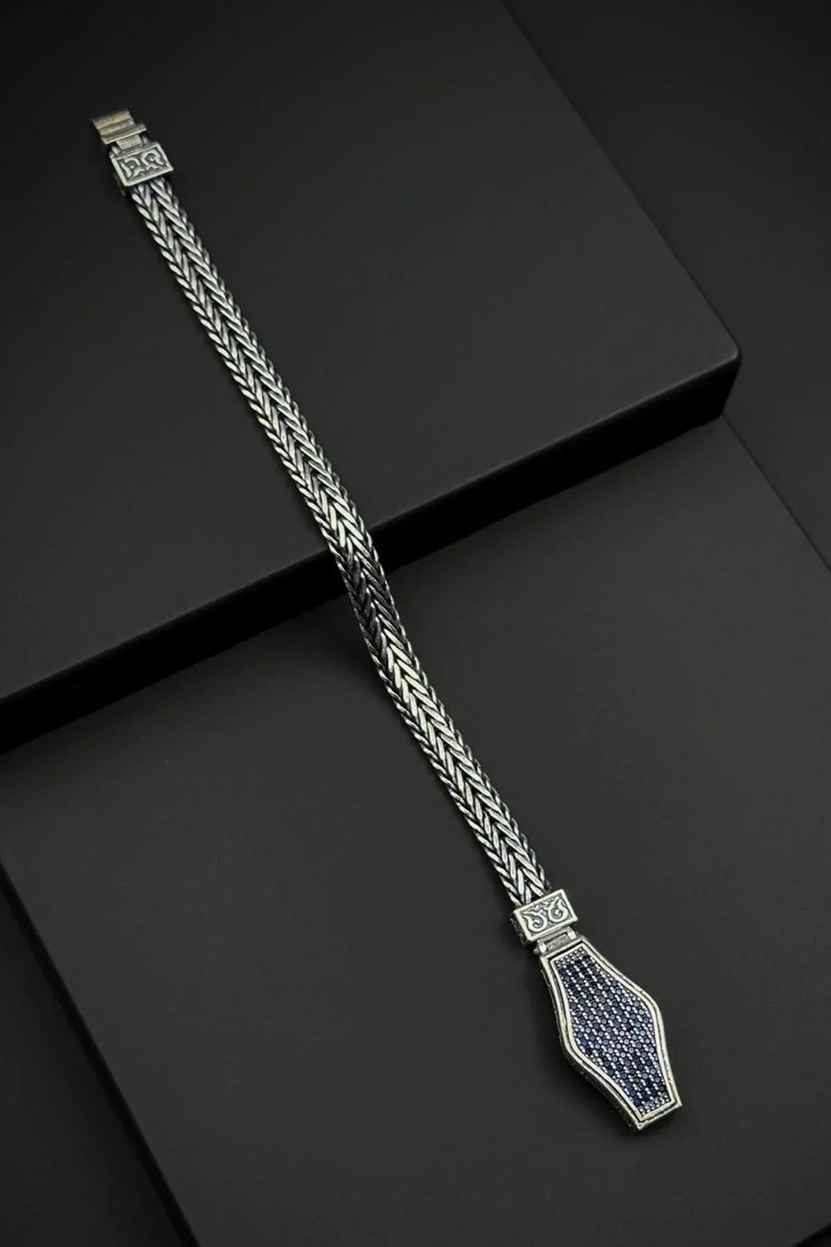 FRNCH 925 Ayar Gümüş Lacivert Zirkon Taşlı Gümüş Renk Erkek Bileklik FRJ12781-3781-L