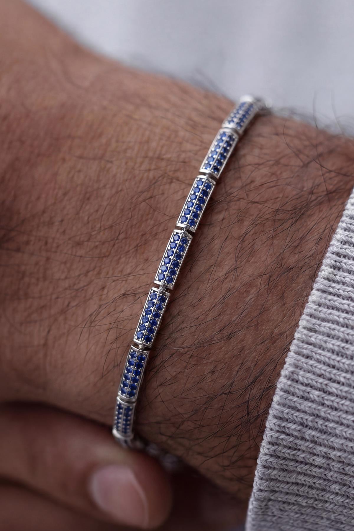 FRNCH 925 Ayar Gümüş Lacivert Zirkon Taşlı Gümüş Renk Erkek Bileklik FRJ12932-3932-AL