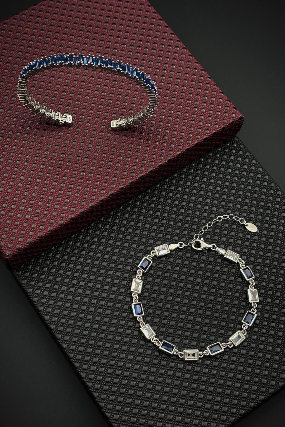 FRNCH 925 Ayar Gümüş Lacivert Zirkon Taşlı Gümüş Renk Erkek Bileklik Set FRJ12696-3696-L