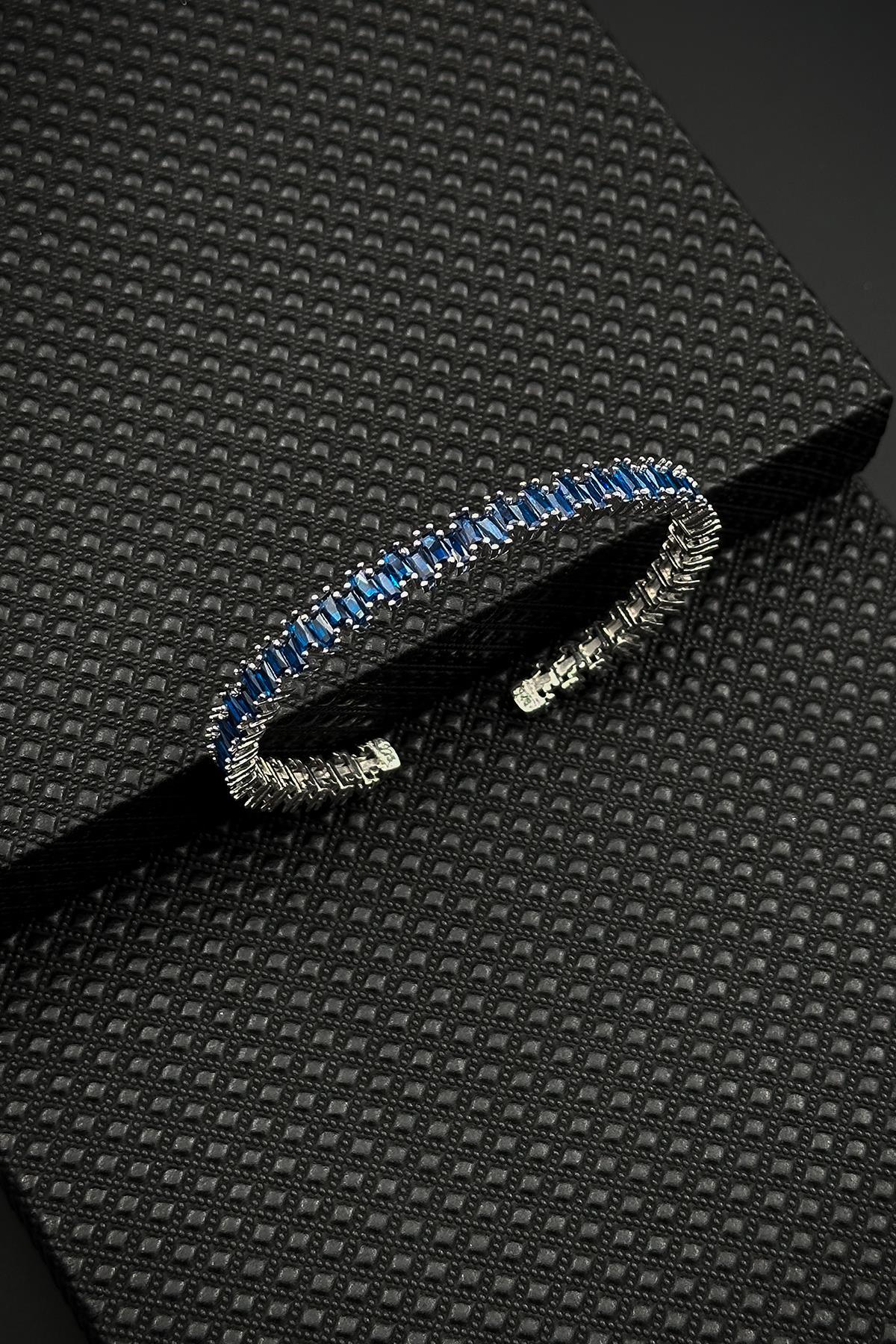 FRNCH 925 Ayar Gümüş Lacivert Zirkon Taşlı Gümüş Renkli Erkek Bileklik FRJ12625-3625-L