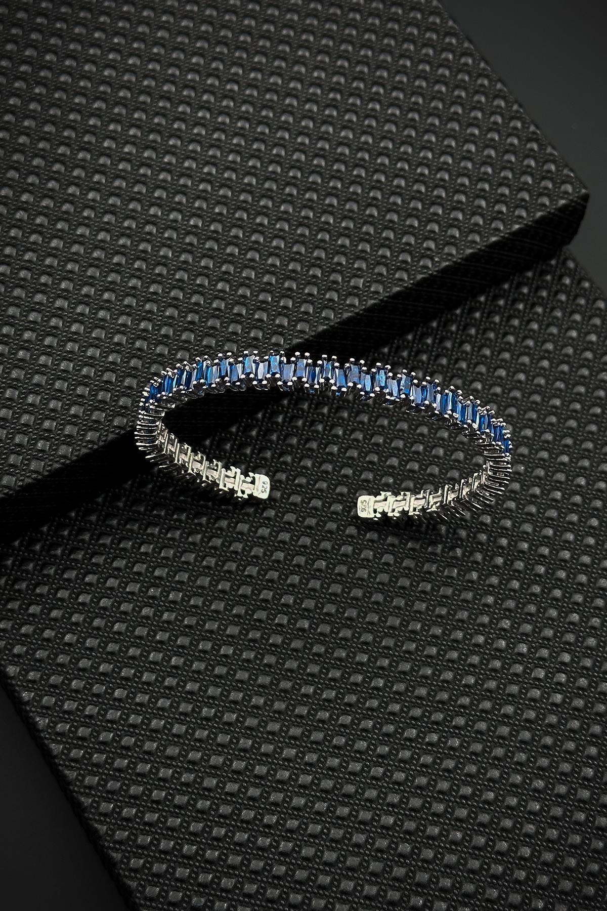 FRNCH 925 Ayar Gümüş Lacivert Zirkon Taşlı Gümüş Renkli Erkek Bileklik FRJ12625-3625-L