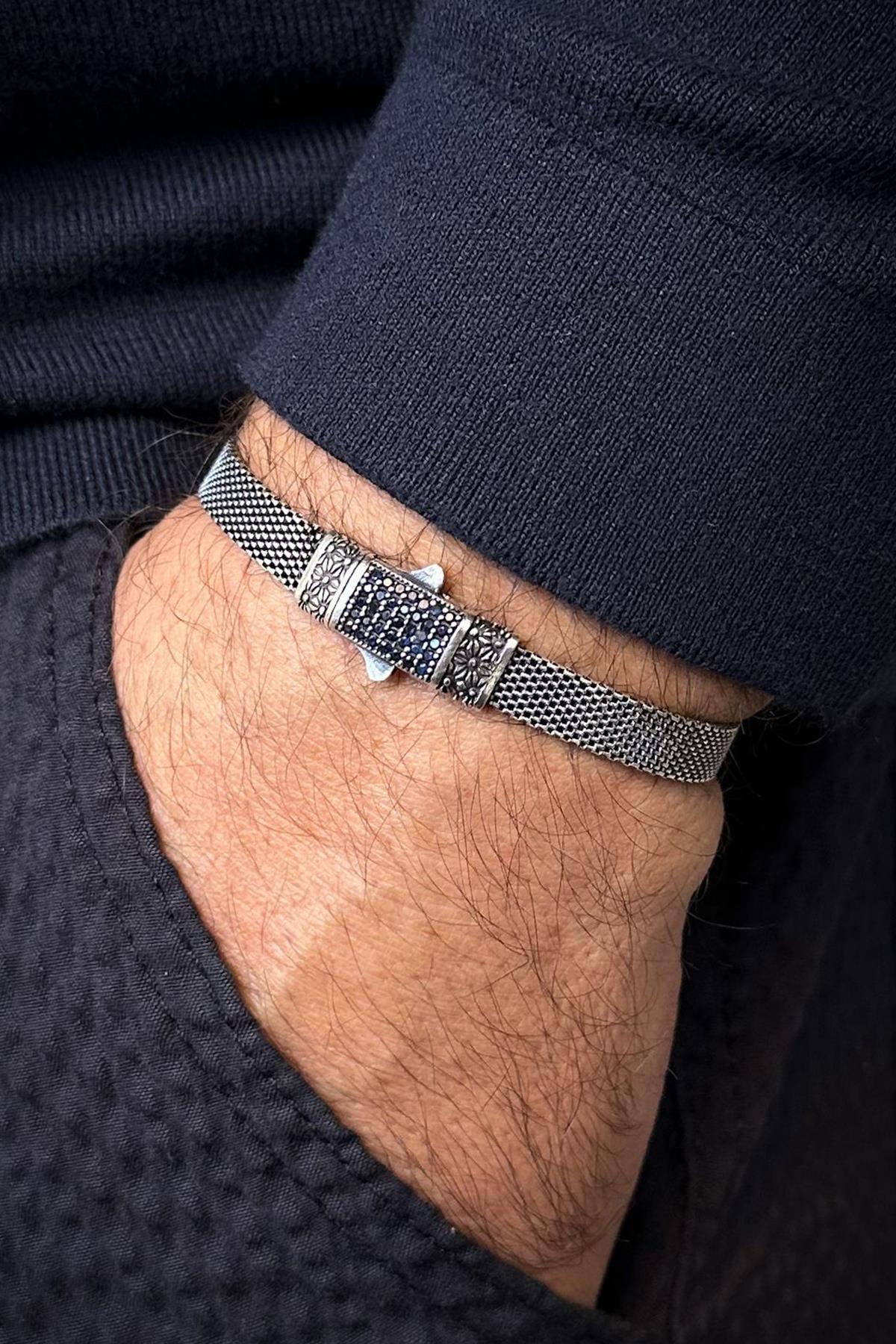 FRNCH 925 Ayar Gümüş Lacivert Zirkon Taşlı İtalyan Model Gümüş Renk Erkek Bileklik FRJ12680-3680-A