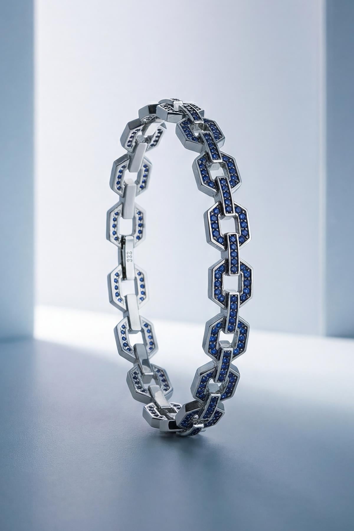 FRNCH 925 Ayar Gümüş Lacivert Zirkon Taşlı Lacivert Renk Erkek Bileklik FRJ12898-3898-L