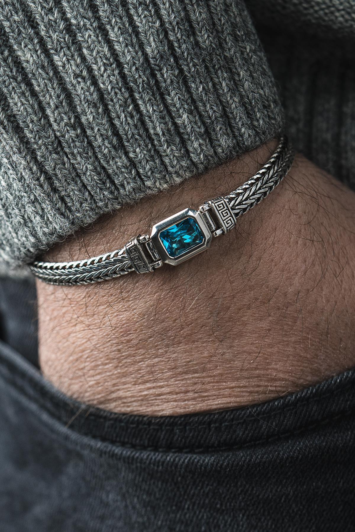 FRNCH 925 Ayar Gümüş Mavi Zirkon Taşlı Gümüş Renk Erkek Bileklik FRJ12742-3742-M