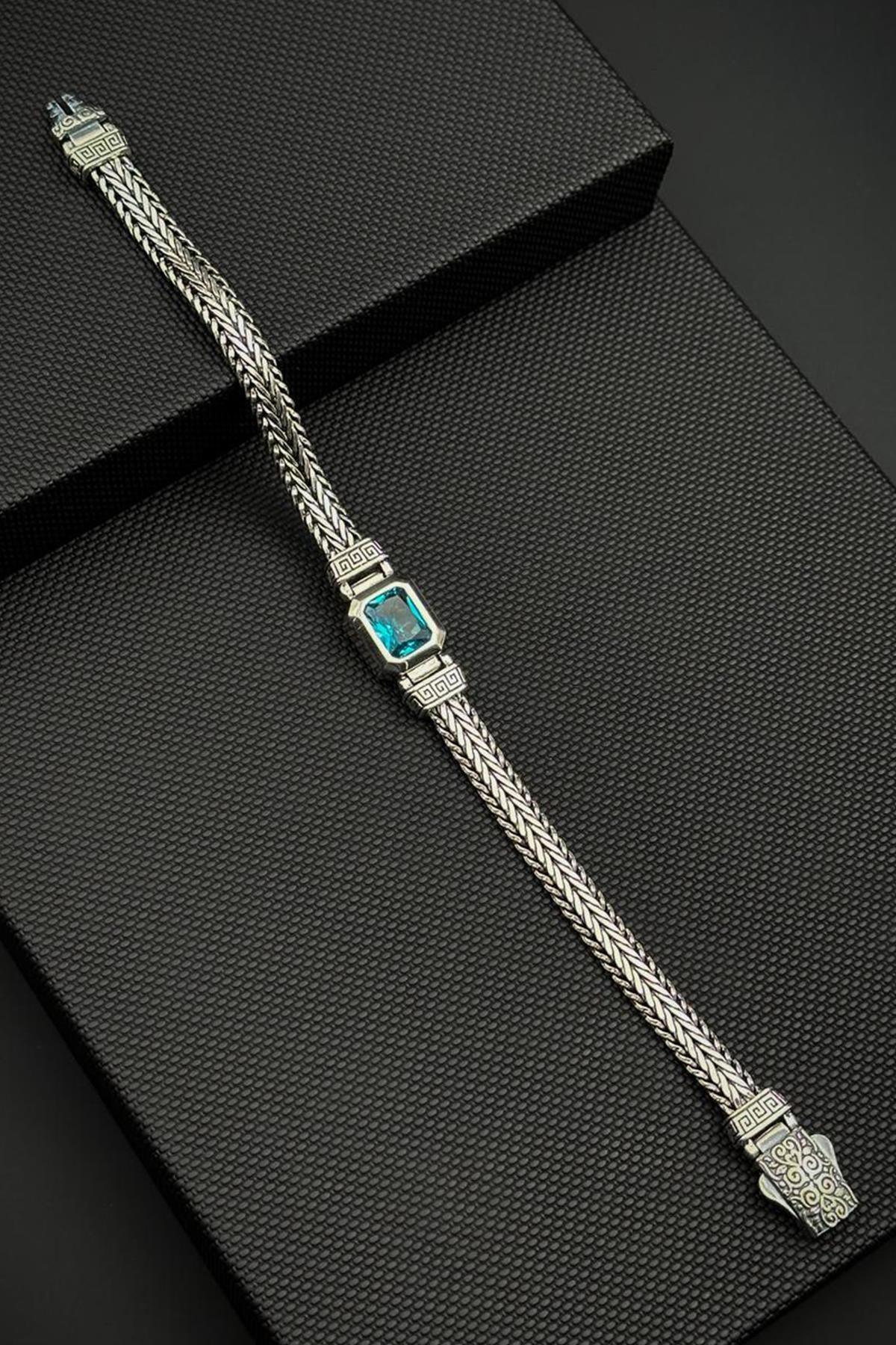 FRNCH 925 Ayar Gümüş Mavi Zirkon Taşlı Gümüş Renk Erkek Bileklik FRJ12742-3742-M