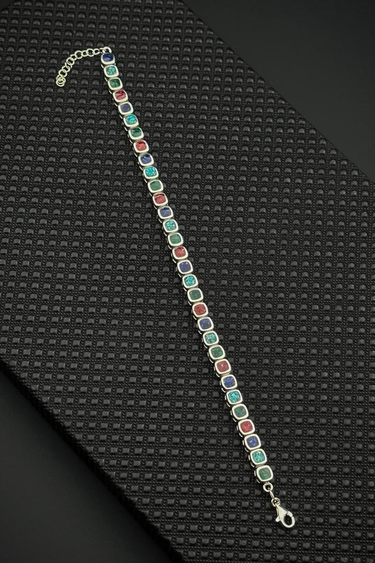 FRNCH 925 Ayar Gümüş Mix Doğal Taşlı Çok Renkli Erkek Bileklik FRJ12678-3678-CK