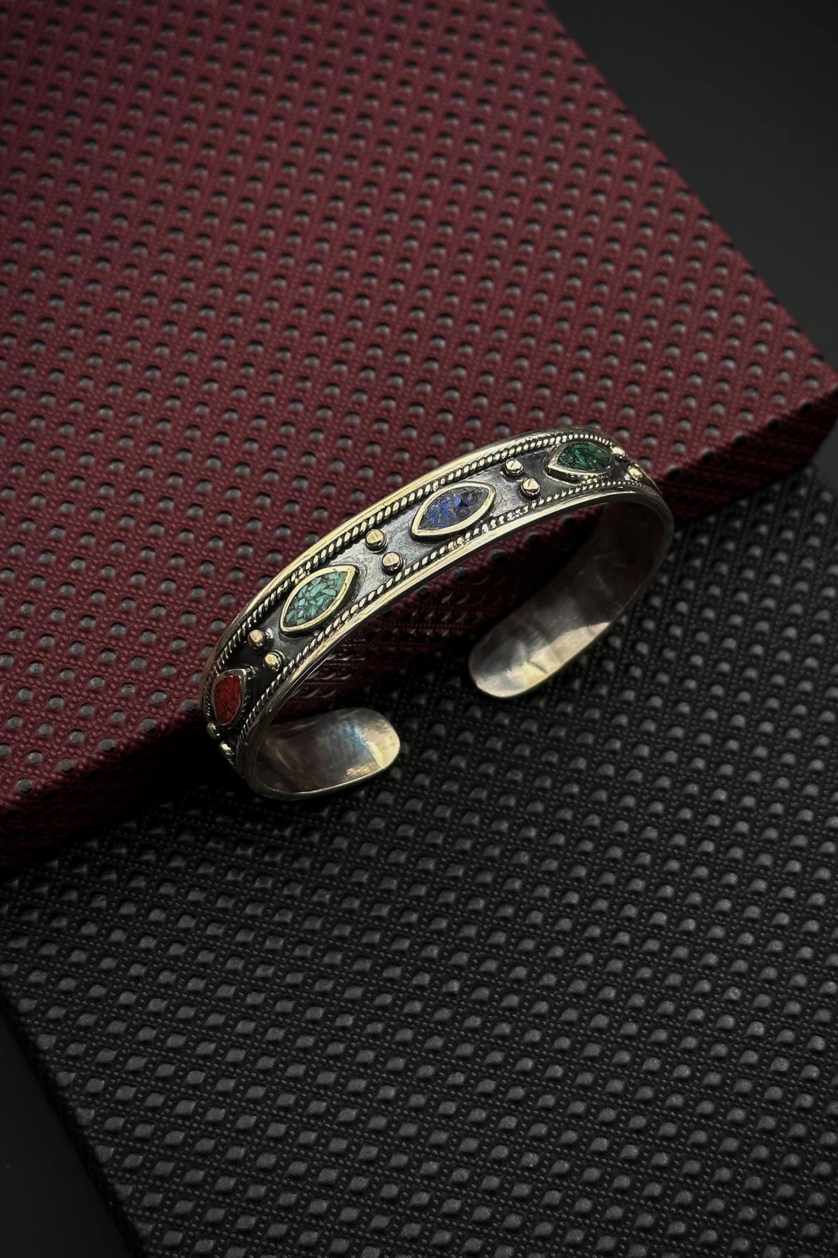 FRNCH 925 Ayar Gümüş Mix Doğal Taşlı Gümüş Renk Erkek Kelepçe Bileklik FRJ12560-3560-CK