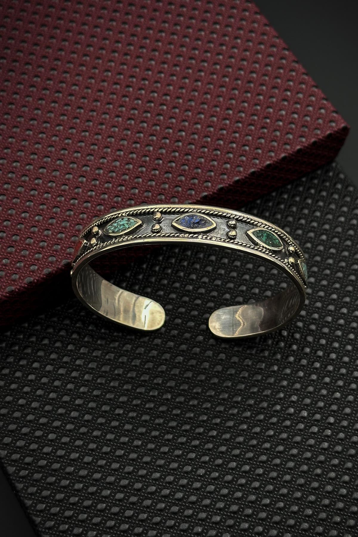 FRNCH 925 Ayar Gümüş Mix Doğal Taşlı Gümüş Renk Erkek Kelepçe Bileklik FRJ12560-3560-CK