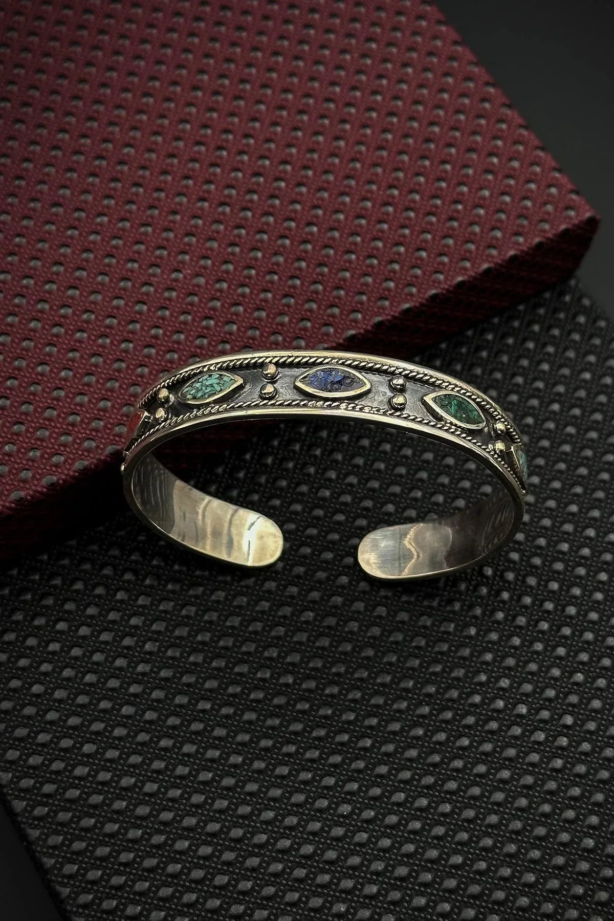 FRNCH 925 Ayar Gümüş Mix Doğal Taşlı Gümüş Renk Erkek Kelepçe Bileklik FRJ12560-3560-CK