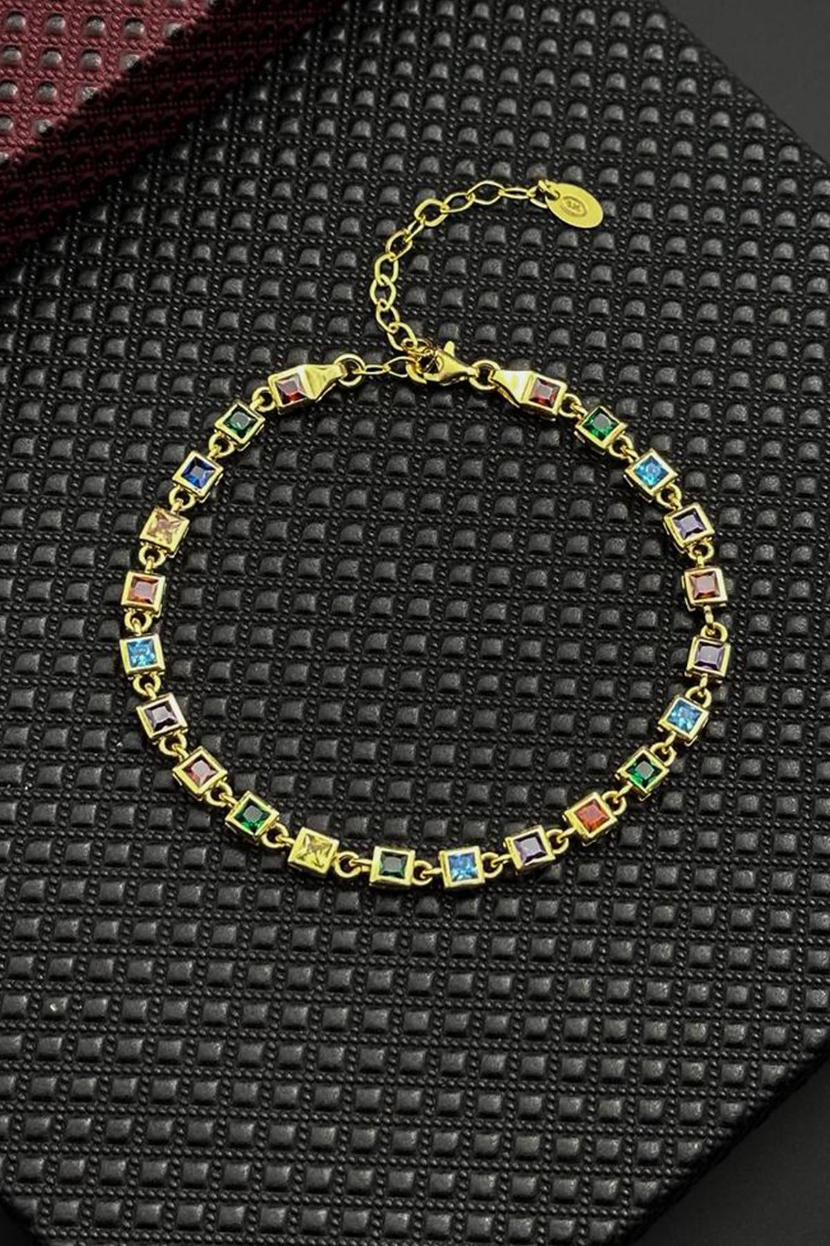 FRNCH 925 Ayar Gümüş Mix Renkli Zirkon Taşlı Altın Renk Erkek Bileklik FRJ12717-3717-CKG