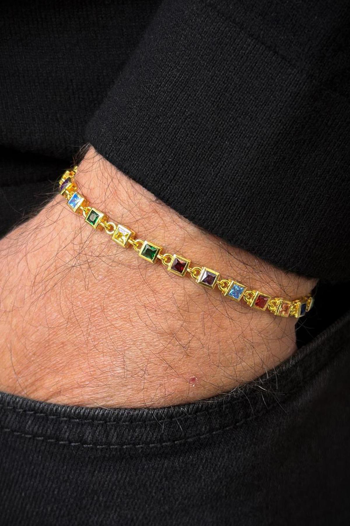 FRNCH 925 Ayar Gümüş Mix Renkli Zirkon Taşlı Altın Renk Erkek Bileklik FRJ12717-3717-CKG