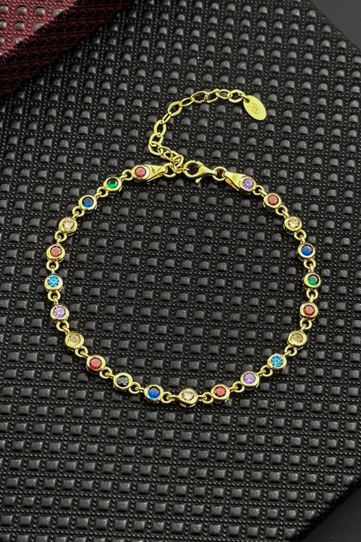 FRNCH 925 Ayar Gümüş Mix Renkli Zirkon Taşlı Altın Renk Erkek Bileklik FRJ12720-3720-CKG