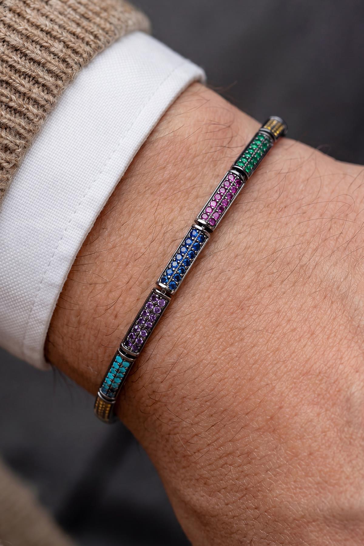 FRNCH 925 Ayar Gümüş Mix Zirkon Taşlı Çok Renkli Erkek Bileklik FRJ12932-3932-CK2