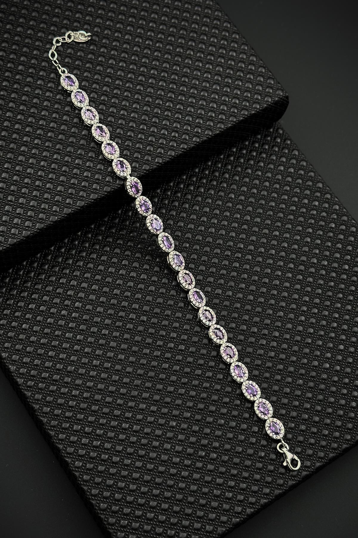 FRNCH 925 Ayar Gümüş Mor Zirkon Taşlı Gümüş Renkli Kadın Bileklik FRJ12626-3626-M