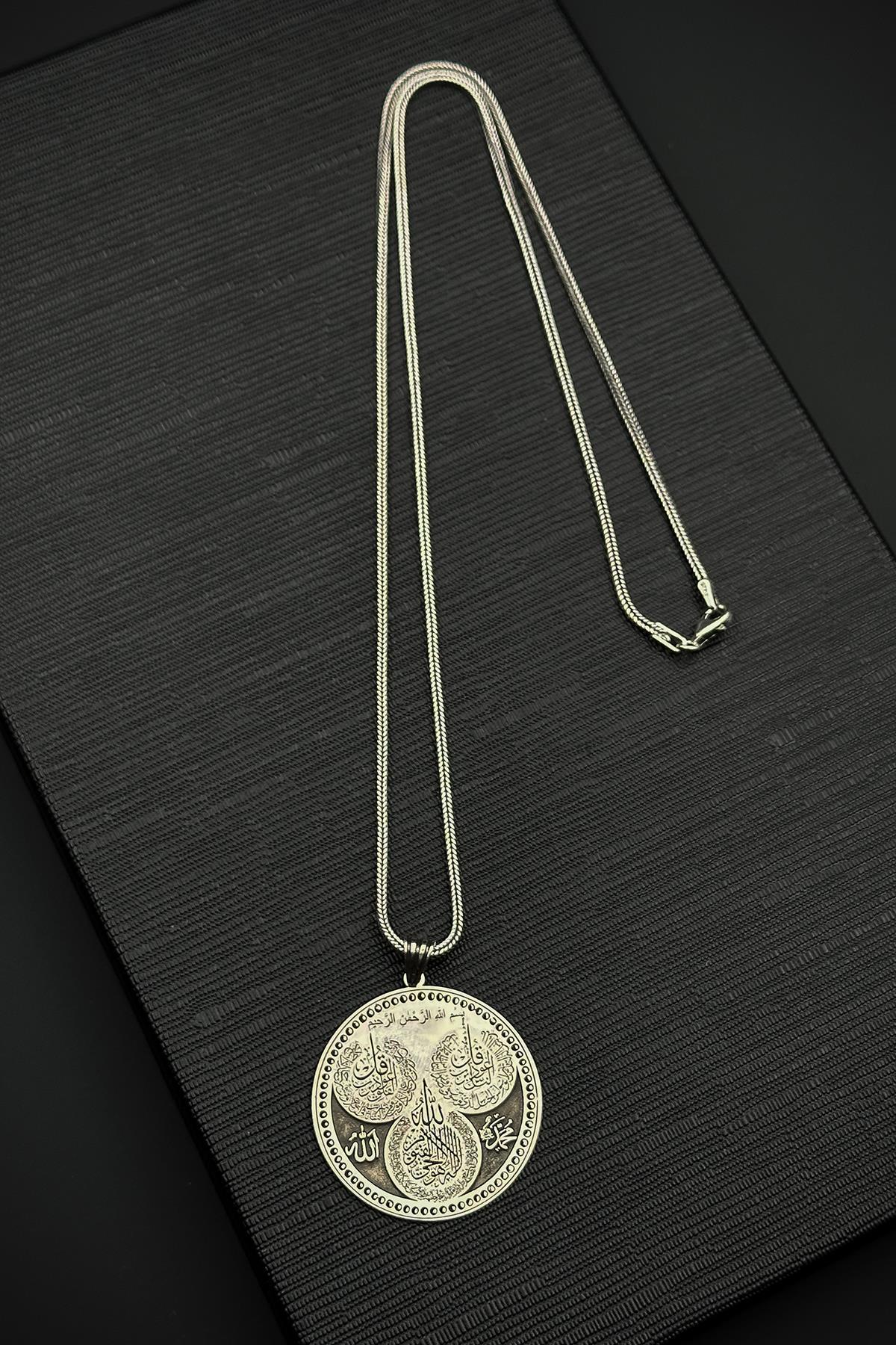 FRNCH 925 Ayar Gümüş Nas,Felak,Ayetel Kursi Yazılı Gümüş Renk Erkek Kolye FRJ30872-972-A2