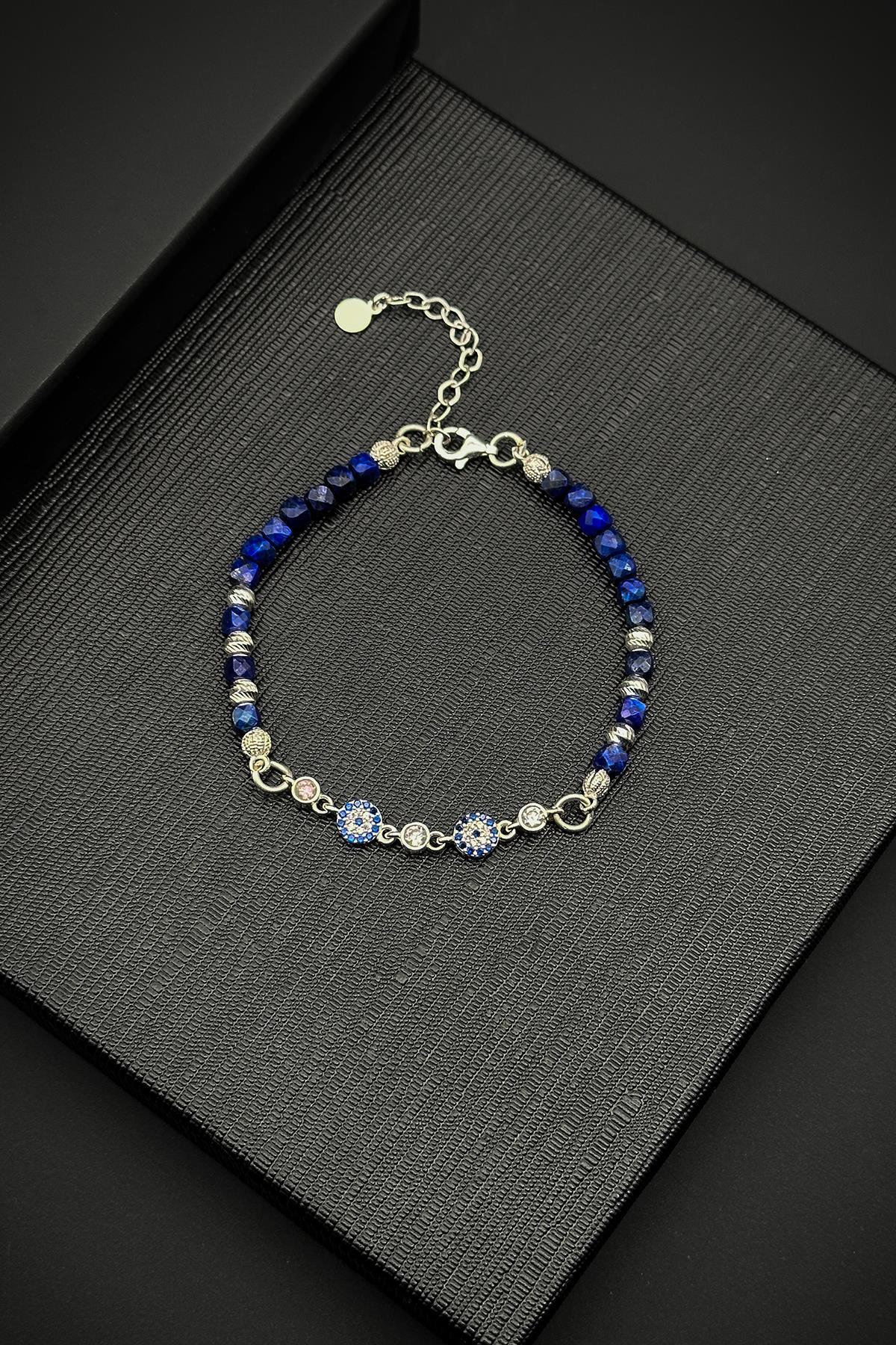 FRNCH 925 Ayar Gümüş Nazar Boncuğu Figürlü Lapis Doğal Taşlı Lacivert Erkek Bileklik FRJ12107-3107-AL