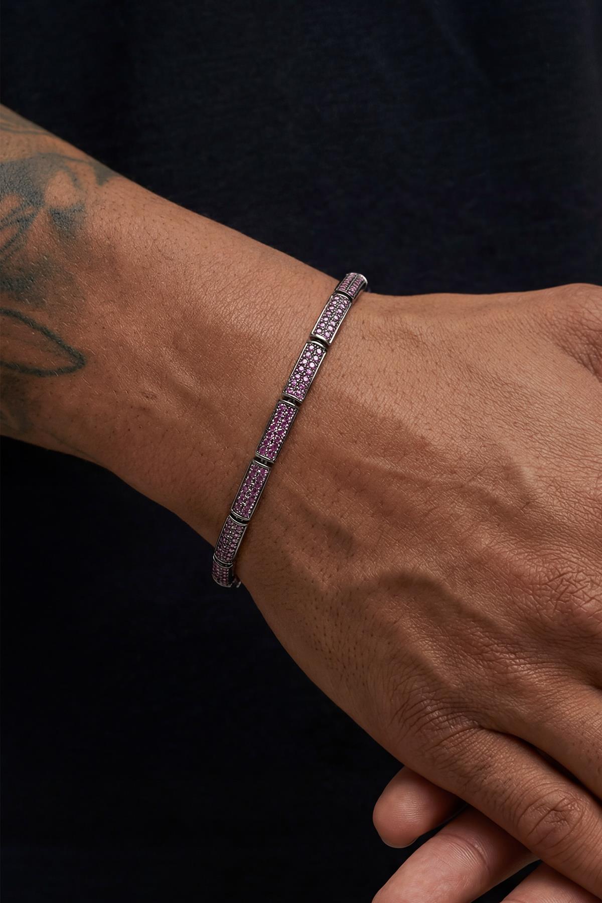FRNCH 925 Ayar Gümüş Pembe Zirkon Taşlı Pembe Renk Erkek Bileklik FRJ12932-3932-P