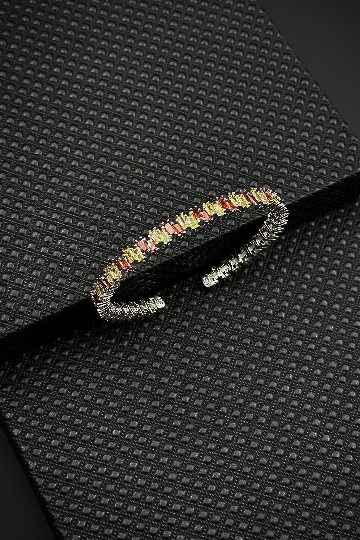 FRNCH 925 Ayar Gümüş Sarı-Kırmızı Zirkon Taşlı Gümüş Renkli Erkek Bileklik FRJ12625-3625-SK