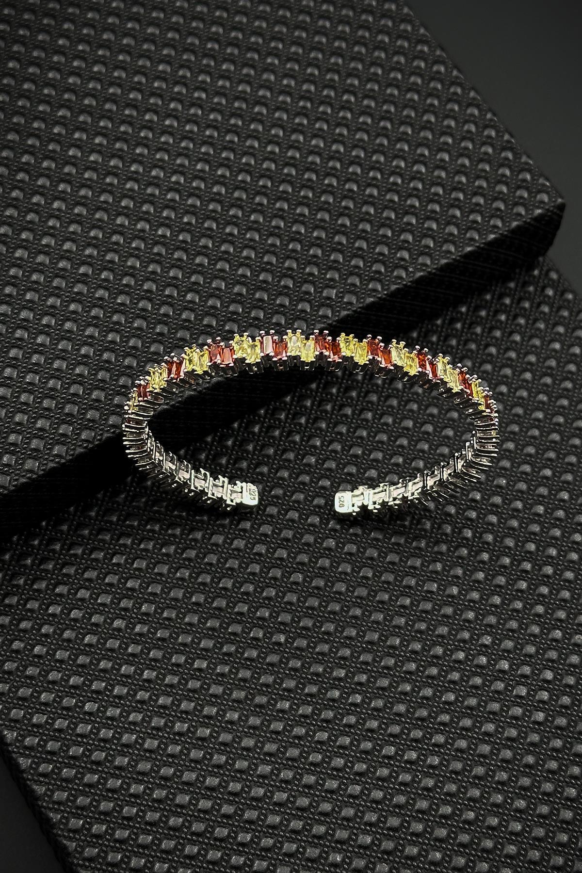 FRNCH 925 Ayar Gümüş Sarı-Kırmızı Zirkon Taşlı Gümüş Renkli Erkek Bileklik FRJ12625-3625-SK