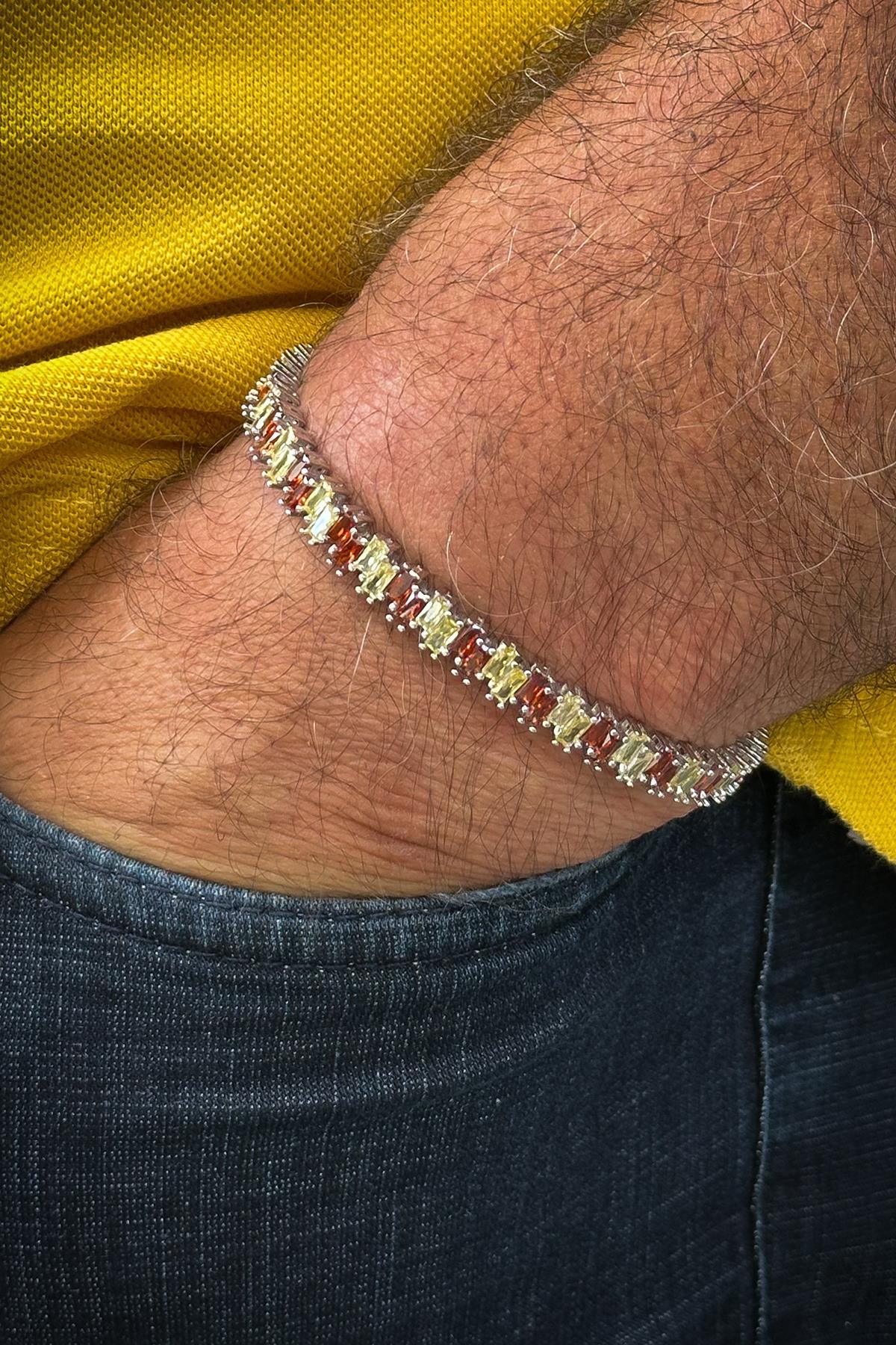 FRNCH 925 Ayar Gümüş Sarı-Kırmızı Zirkon Taşlı Gümüş Renkli Erkek Bileklik FRJ12625-3625-SK