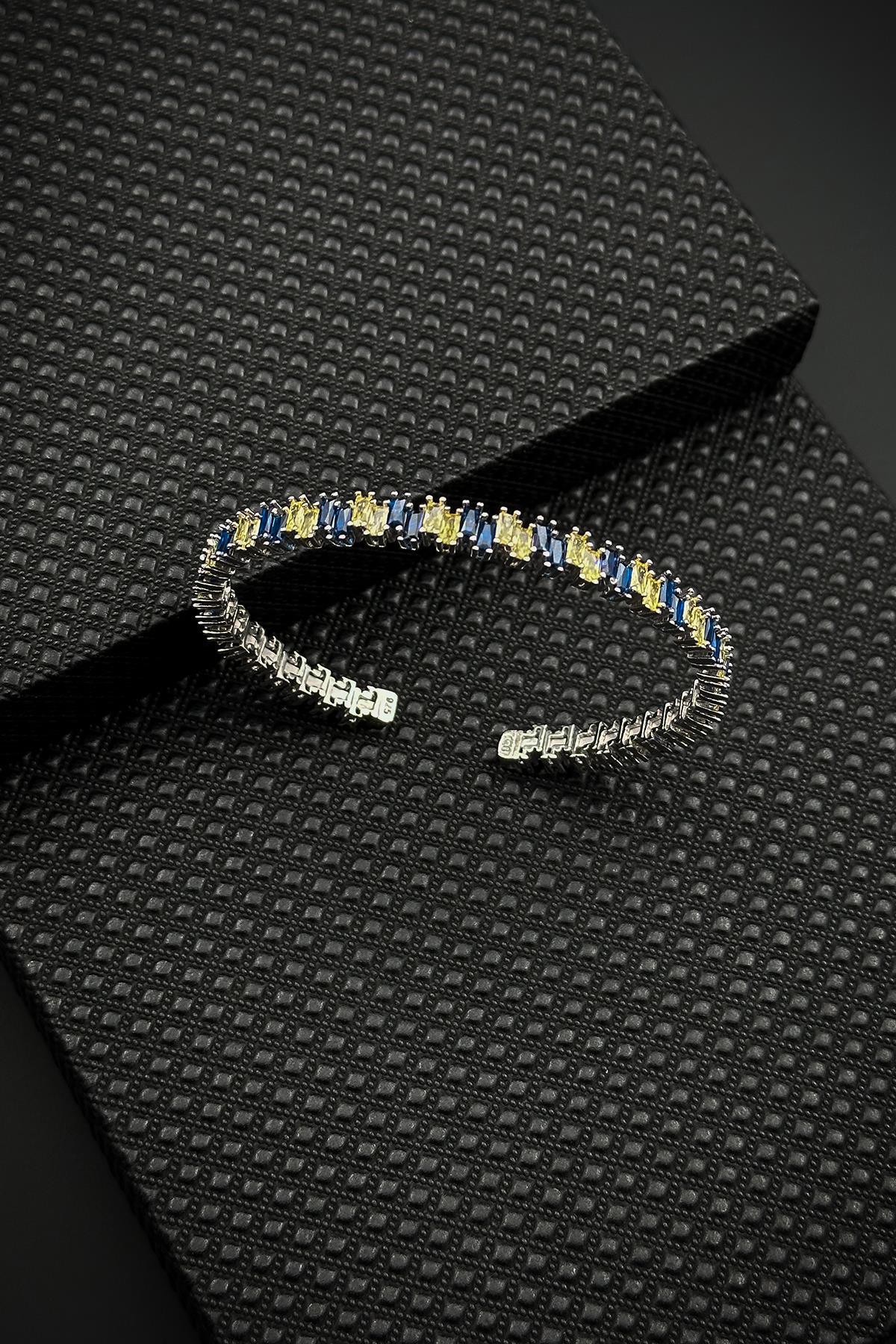 FRNCH 925 Ayar Gümüş Sarı-Lacivert Zirkon Taşlı Gümüş Renkli Erkek Bileklik FRJ12625-3625-SL