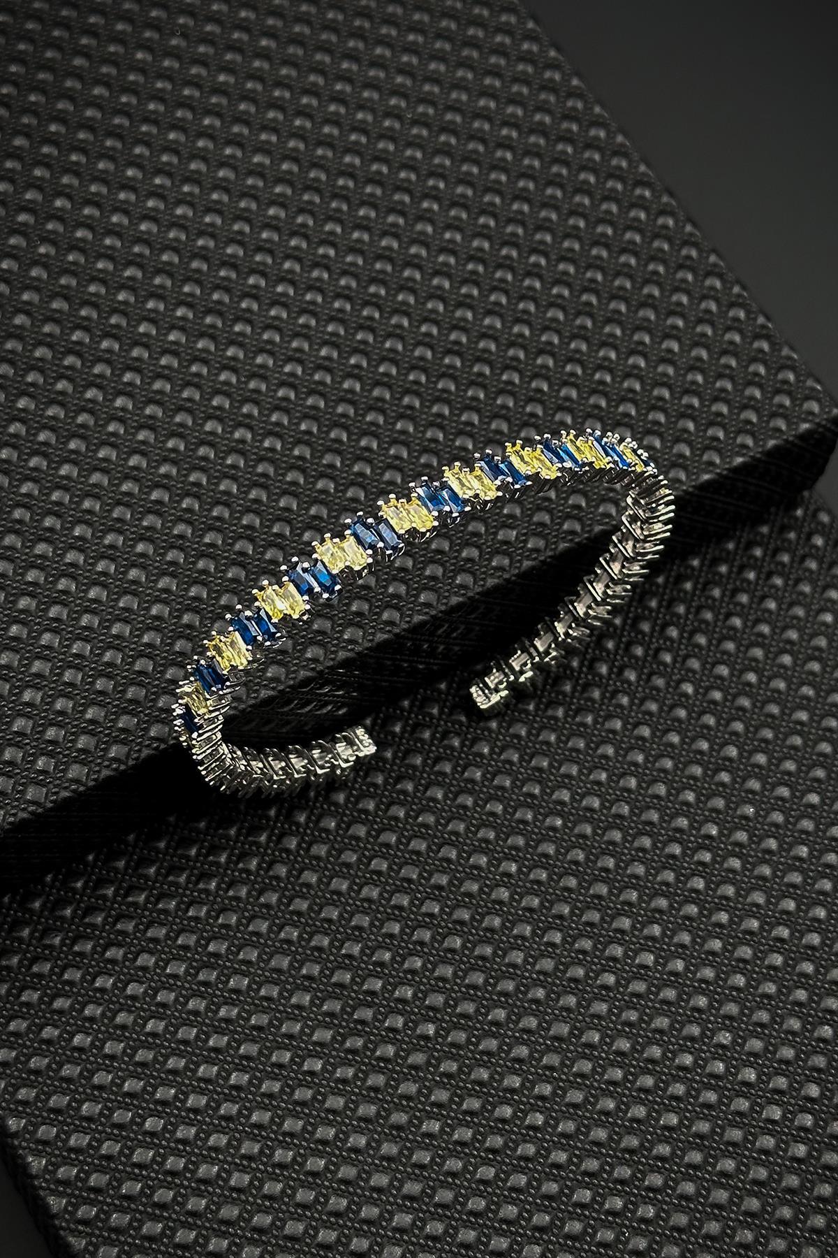 FRNCH 925 Ayar Gümüş Sarı-Lacivert Zirkon Taşlı Gümüş Renkli Erkek Bileklik FRJ12625-3625-SL