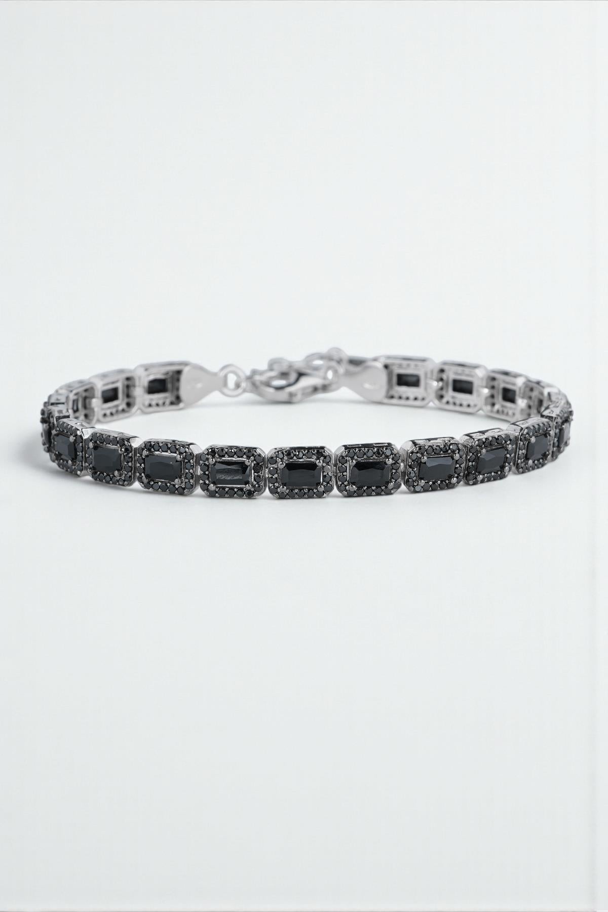 FRNCH 925 Ayar Gümüş Siyah Baget Zirkon Taşlı Gümüş Renk Erkek Bileklik FRJ12644-3644-S