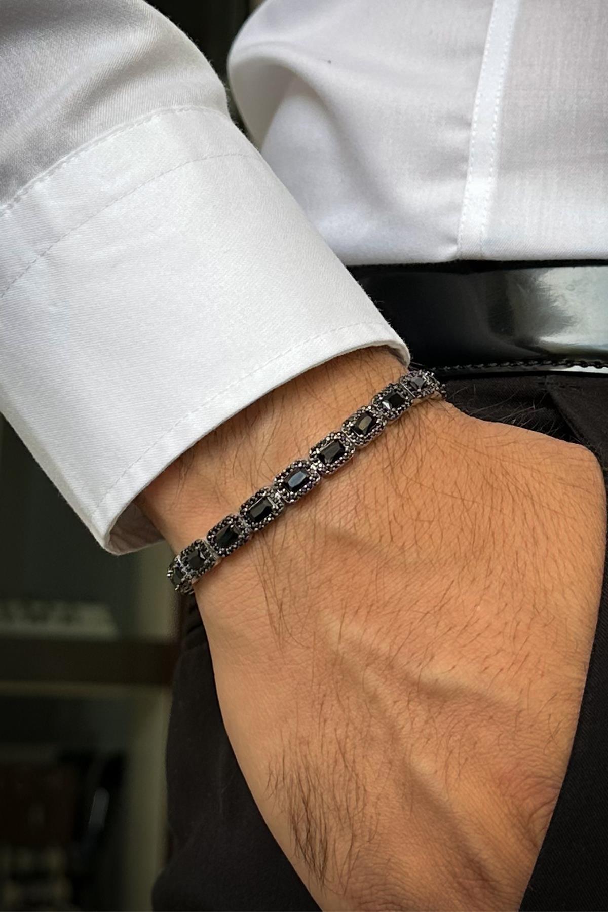 FRNCH 925 Ayar Gümüş Siyah Baget Zirkon Taşlı Gümüş Renk Erkek Bileklik FRJ12644-3644-S