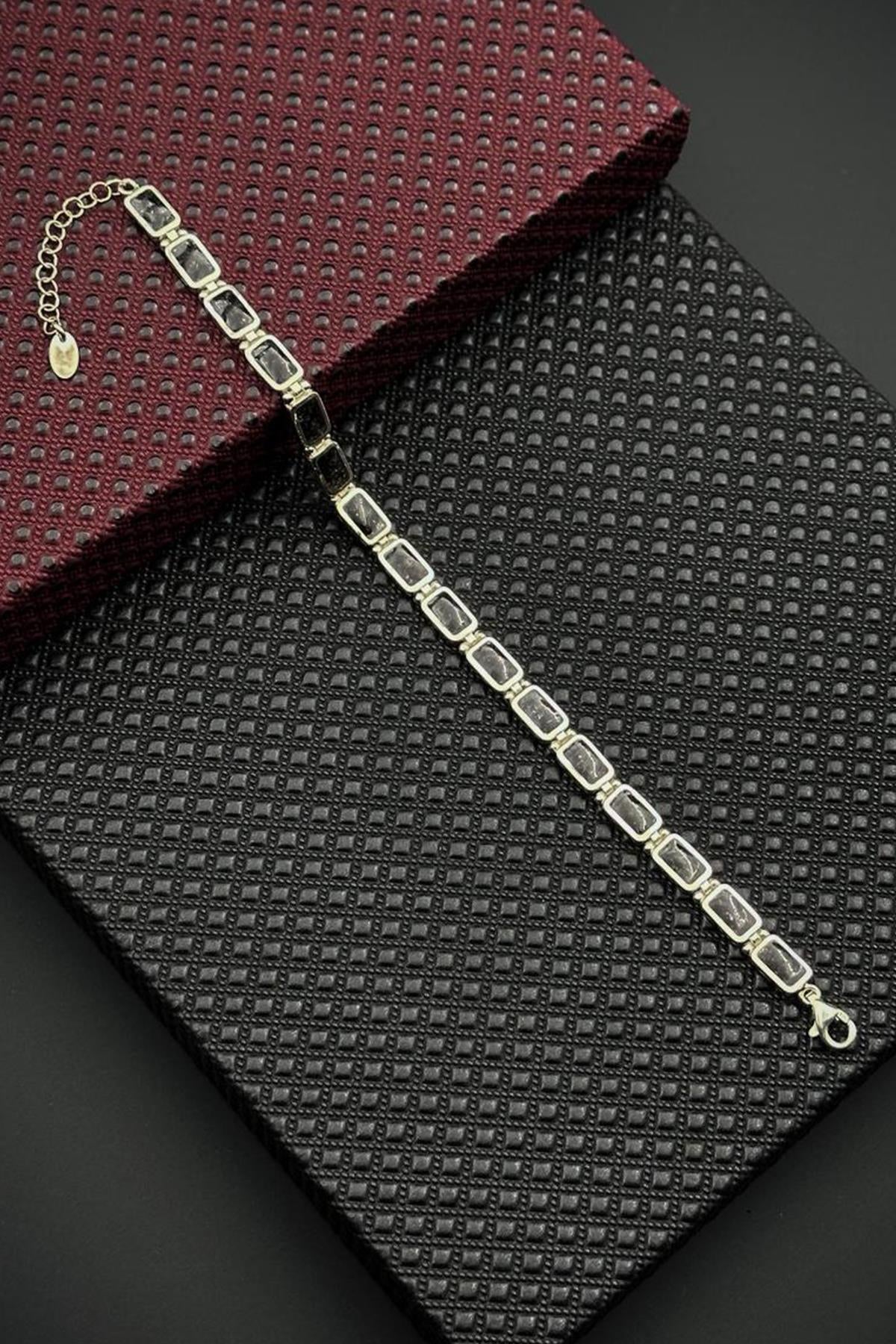 FRNCH 925 Ayar Gümüş Siyah Doğal Taşlı Gümüş Renk Erkek Bileklik FRJ12461-3461-S