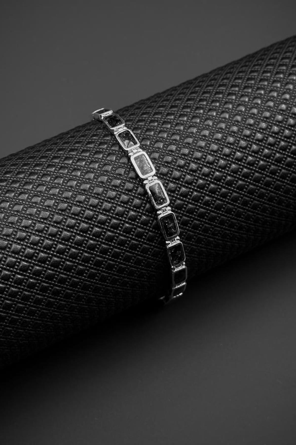 FRNCH 925 Ayar Gümüş Siyah Doğal Taşlı Gümüş Renk Erkek Bileklik FRJ12461-3461-S