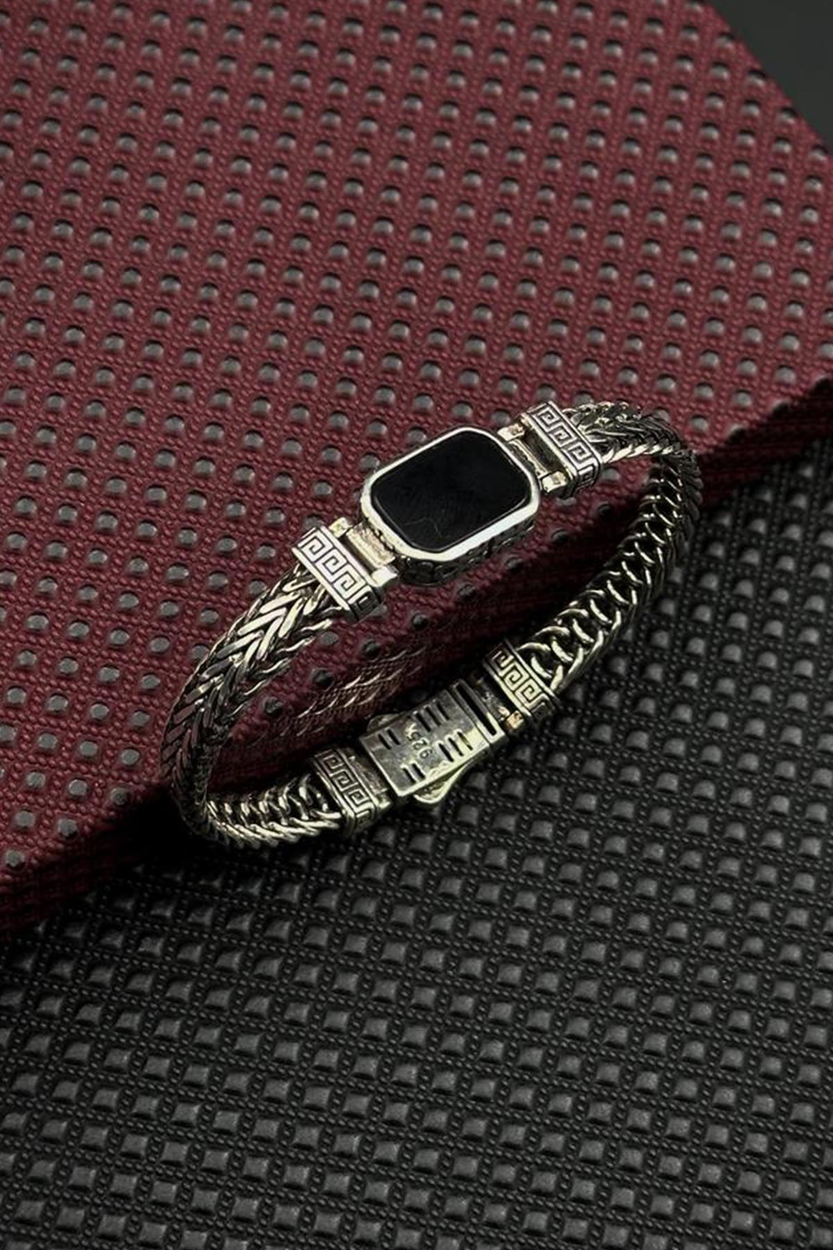 FRNCH 925 Ayar Gümüş Siyah Doğal Taşlı Gümüş Renk Erkek Bileklik FRJ12711-3711-A