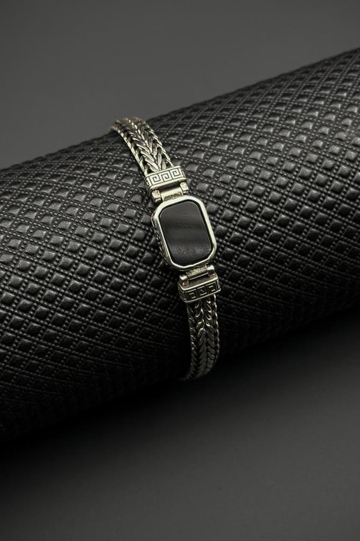 FRNCH 925 Ayar Gümüş Siyah Doğal Taşlı Gümüş Renk Erkek Bileklik FRJ12711-3711-A