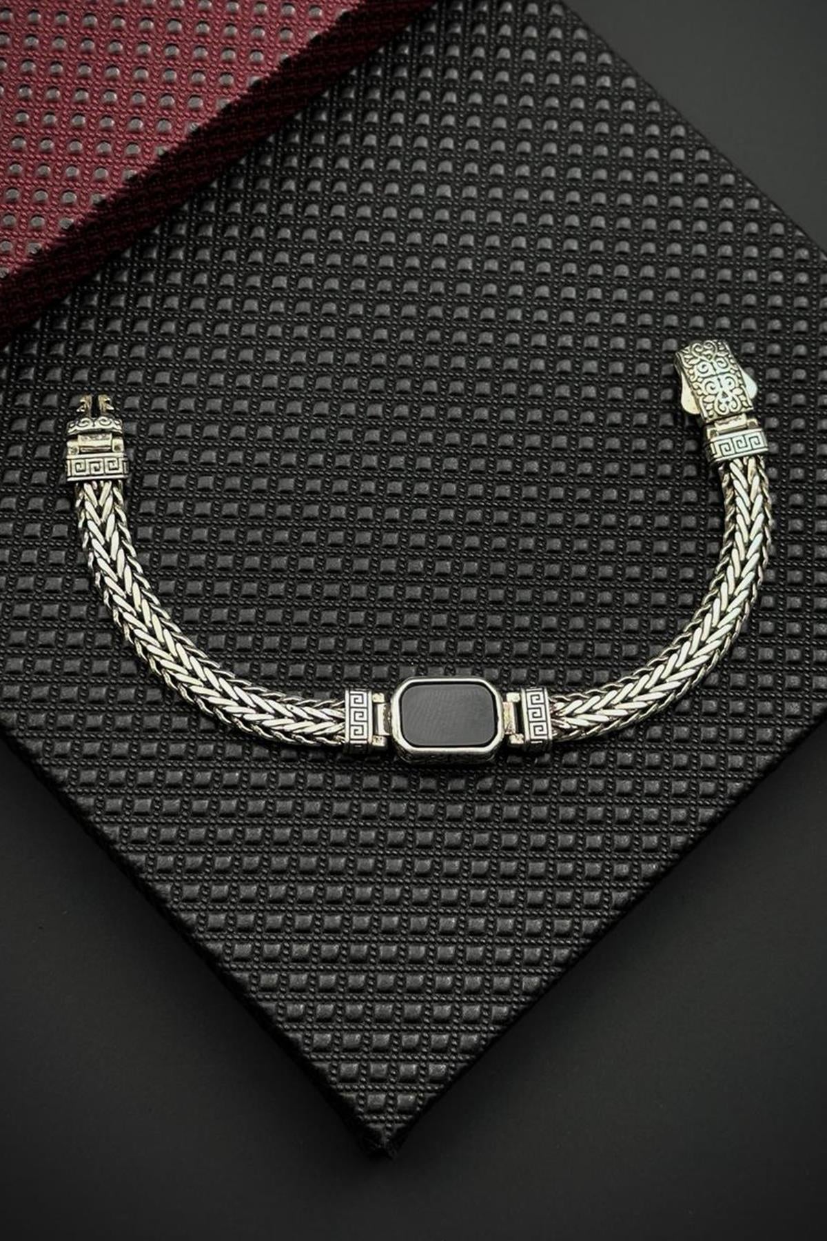 FRNCH 925 Ayar Gümüş Siyah Doğal Taşlı Gümüş Renk Erkek Bileklik FRJ12711-3711-A