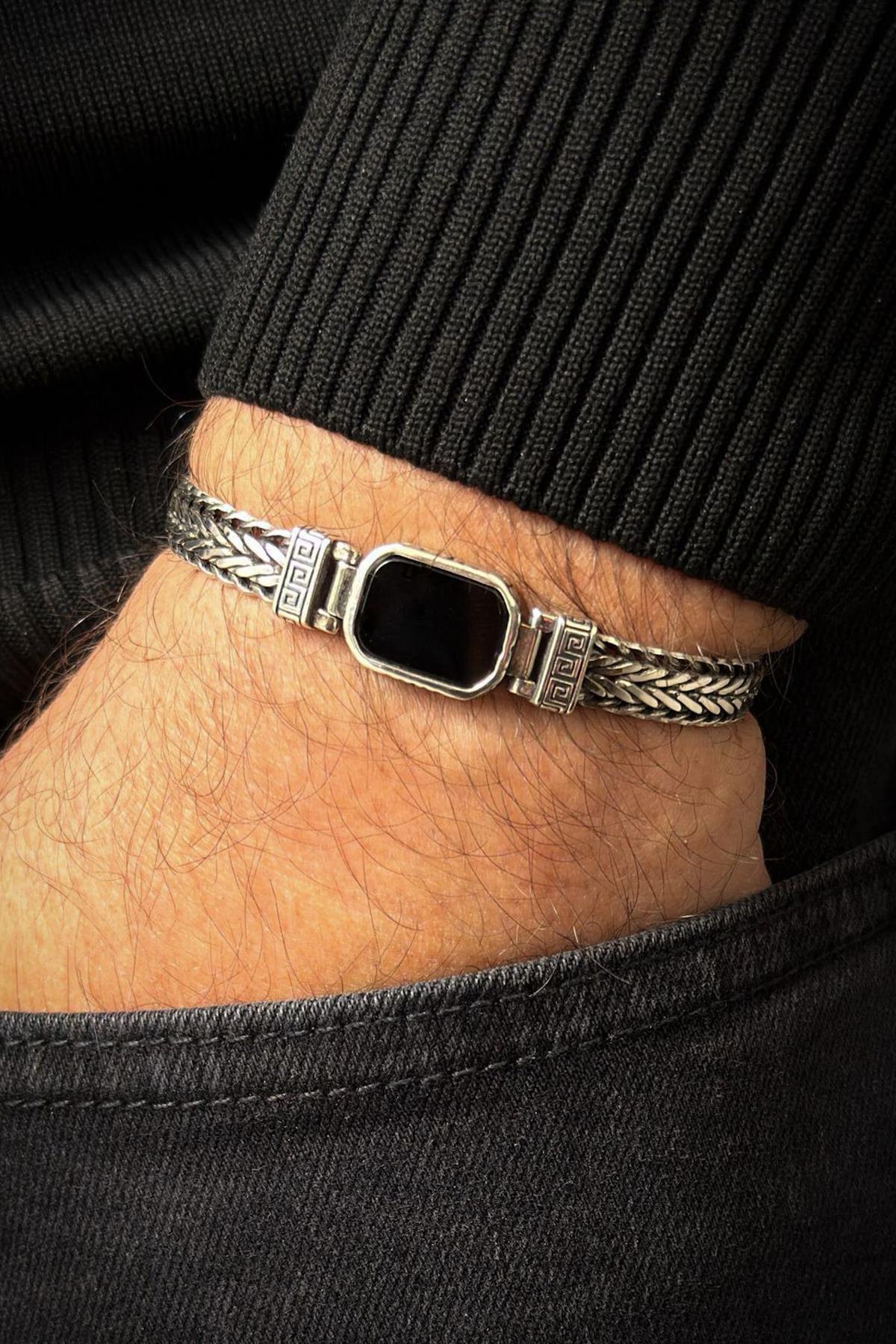 FRNCH 925 Ayar Gümüş Siyah Doğal Taşlı Gümüş Renk Erkek Bileklik FRJ12711-3711-A