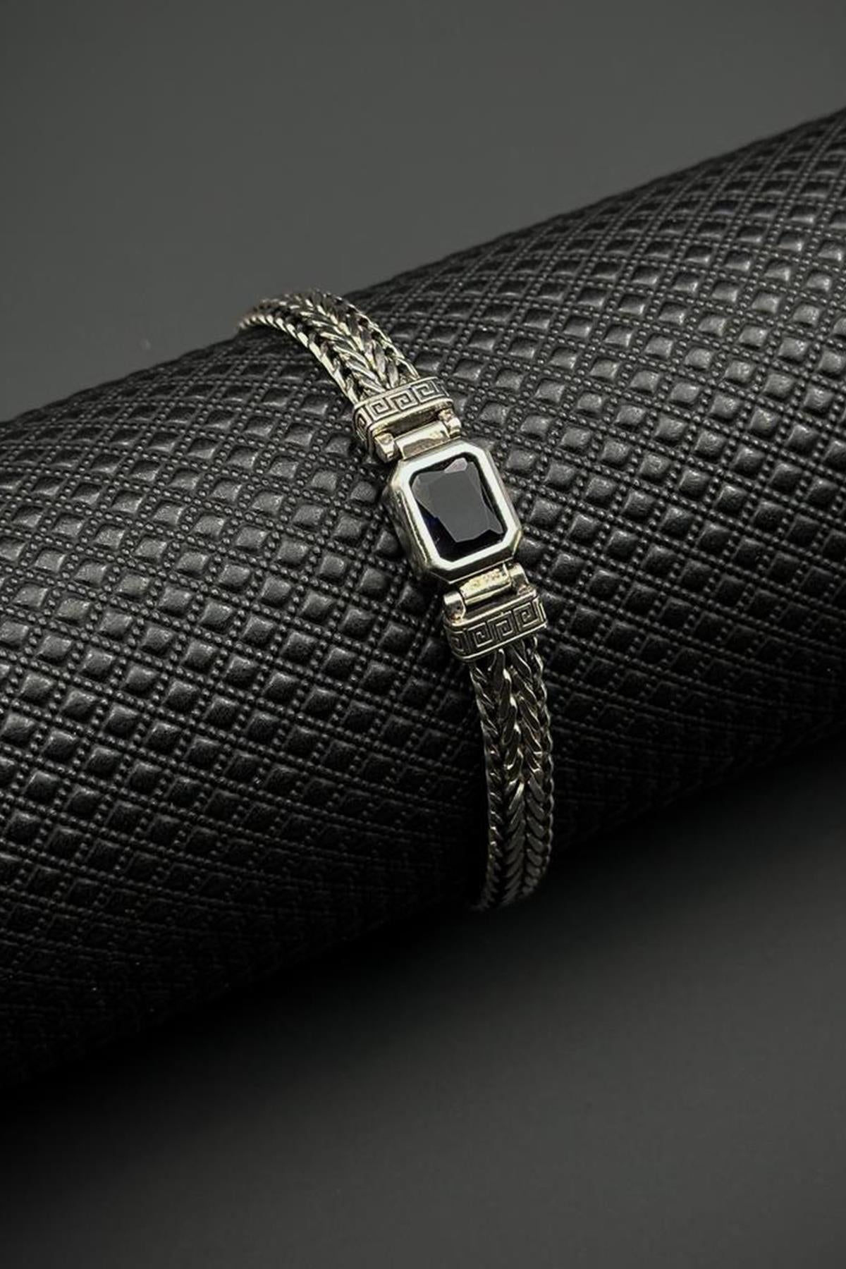 FRNCH 925 Ayar Gümüş Siyah Doğal Taşlı Gümüş Renk Erkek Bileklik FRJ12712-3712-A