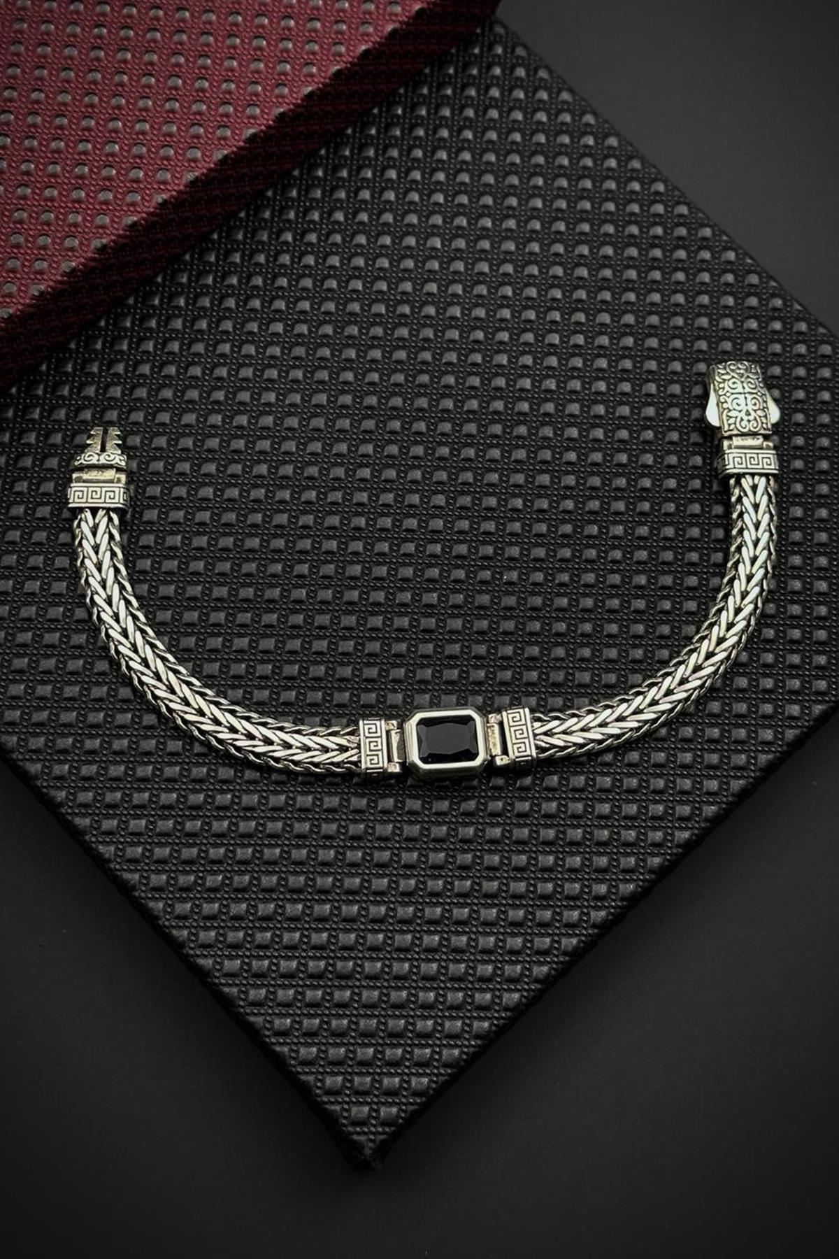 FRNCH 925 Ayar Gümüş Siyah Doğal Taşlı Gümüş Renk Erkek Bileklik FRJ12712-3712-A