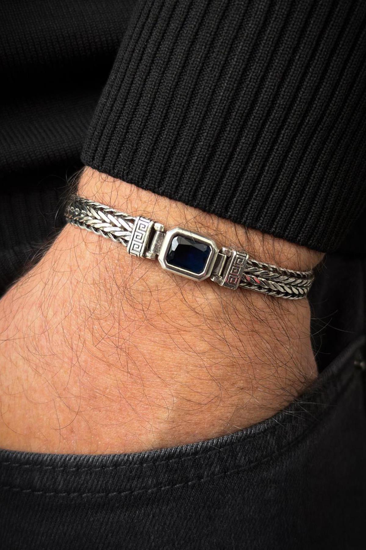 FRNCH 925 Ayar Gümüş Siyah Doğal Taşlı Gümüş Renk Erkek Bileklik FRJ12712-3712-A