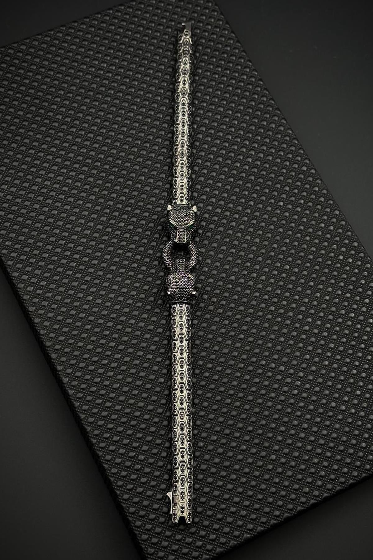 FRNCH 925 Ayar Gümüş Siyah Zirkon Taşlı Füme Renk Erkek Bileklik FRJ12681-3681-S