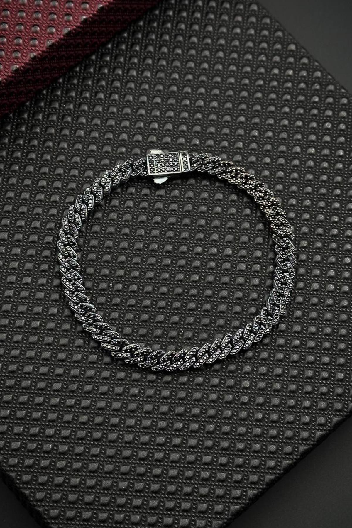 FRNCH 925 Ayar Gümüş Siyah Zirkon Taşlı Gümüş Renk Erkek Bileklik FRJ12683-3683-S