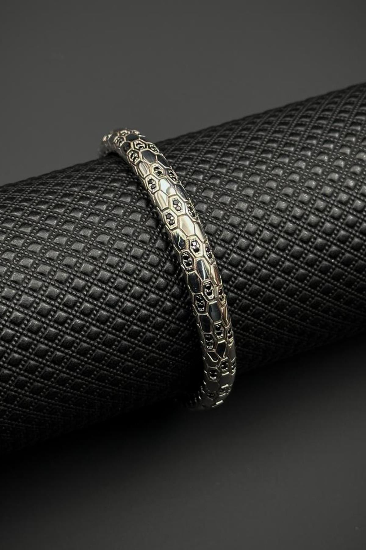 FRNCH 925 Ayar Gümüş Siyah Zirkon Taşlı Gümüş Renk Erkek Bileklik FRJ12707-3707-A
