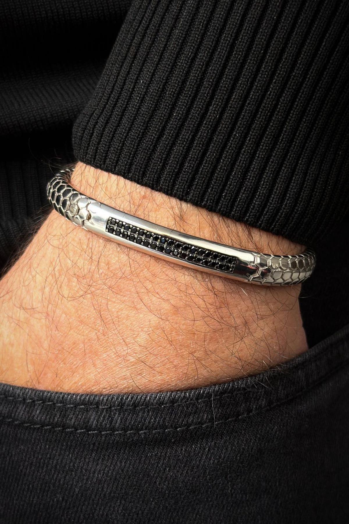 FRNCH 925 Ayar Gümüş Siyah Zirkon Taşlı Gümüş Renk Erkek Bileklik FRJ12710-3710-A