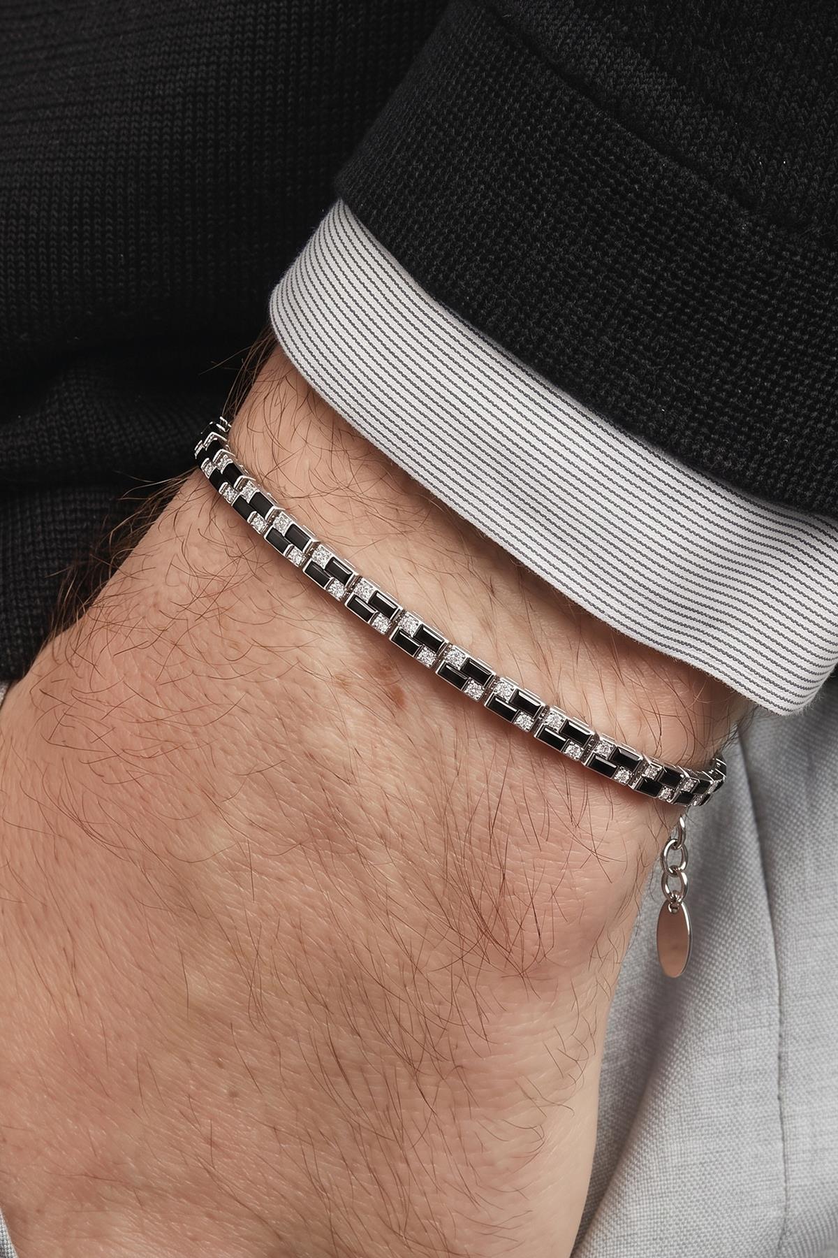 FRNCH 925 Ayar Gümüş Siyah Zirkon Taşlı Gümüş Renk Erkek Bileklik FRJ13020-4020-S