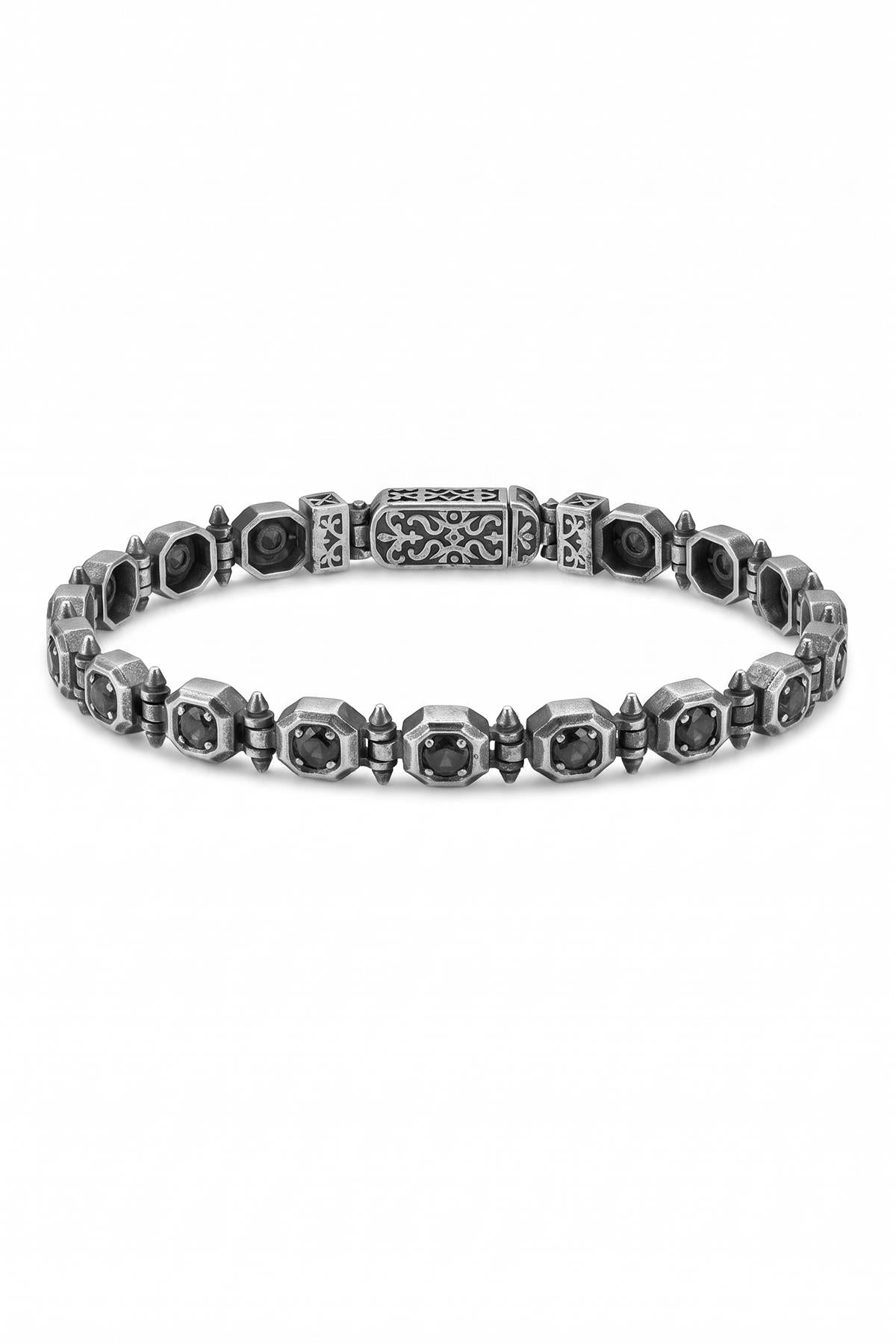FRNCH 925 Ayar Gümüş Siyah Zirkon Taşlı Gümüş Renk Erkek Bileklik FRJ13095-4095-S
