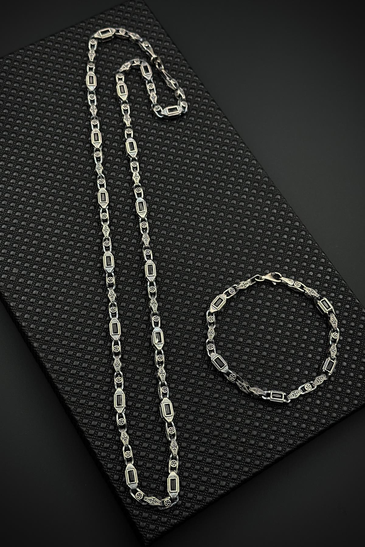 FRNCH 925 Ayar Gümüş Siyah Zirkon Taşlı Gümüş Renk Erkek Bileklik/Kolye Set FRJ12657-3657-S