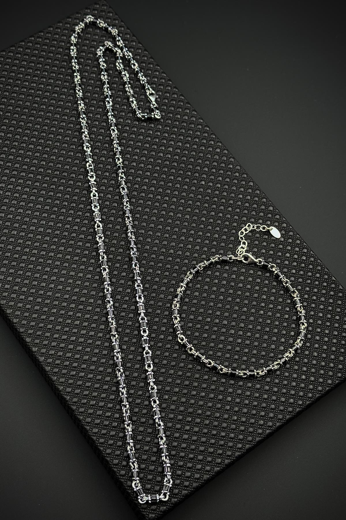 FRNCH 925 Ayar Gümüş Siyah Zirkon Taşlı Gümüş Renk Erkek Bileklik/Kolye Set FRJ12674-3674-S