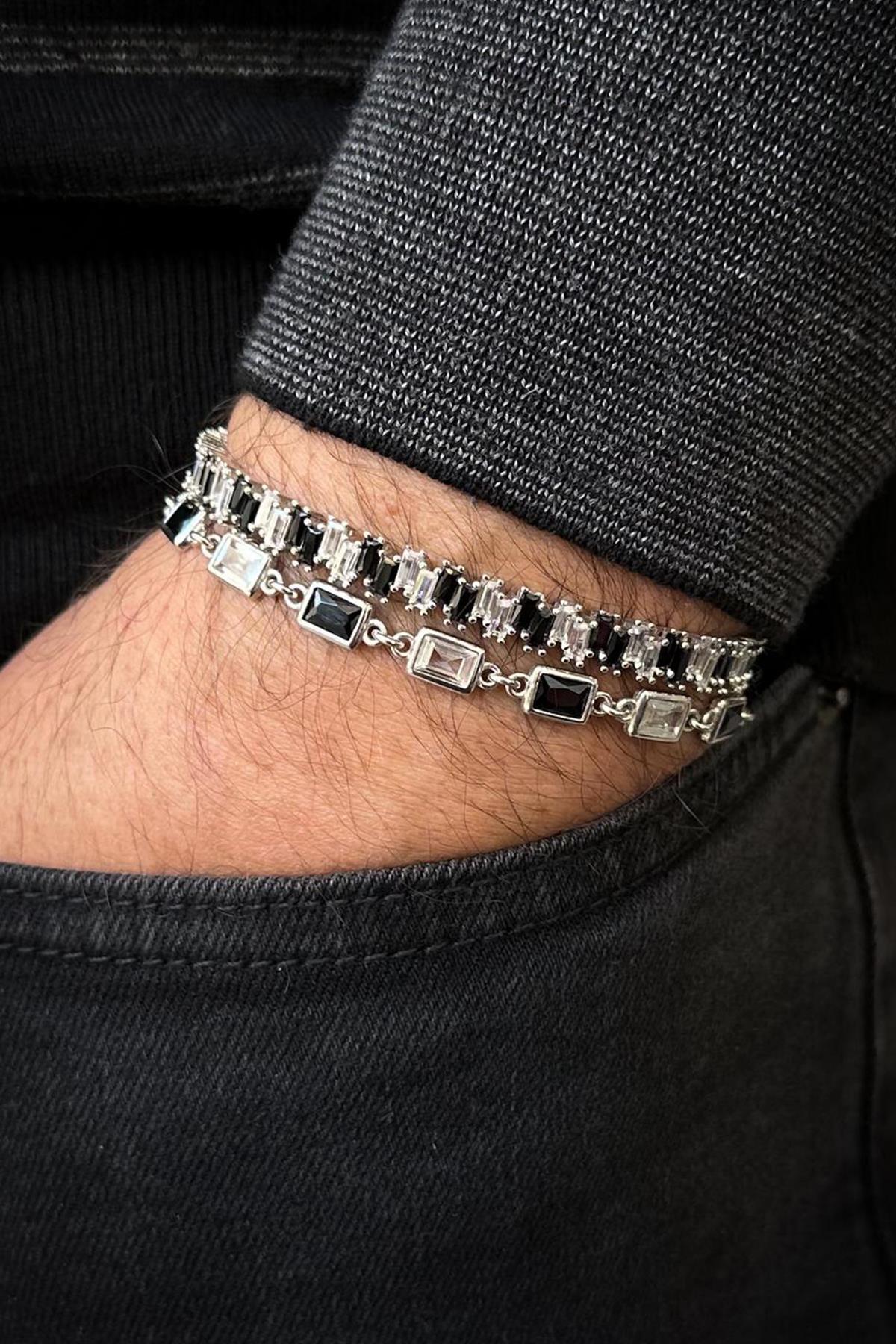 FRNCH 925 Ayar Gümüş Siyah Zirkon Taşlı Gümüş Renk Erkek Bileklik Set FRJ12696-3696-S