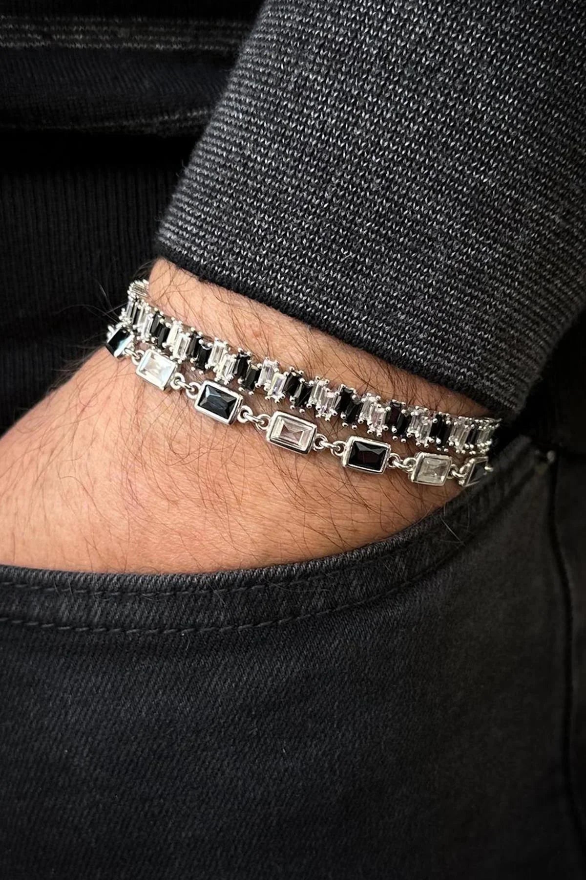 FRNCH 925 Ayar Gümüş Siyah Zirkon Taşlı Gümüş Renk Erkek Bileklik Set FRJ12696-3696-S