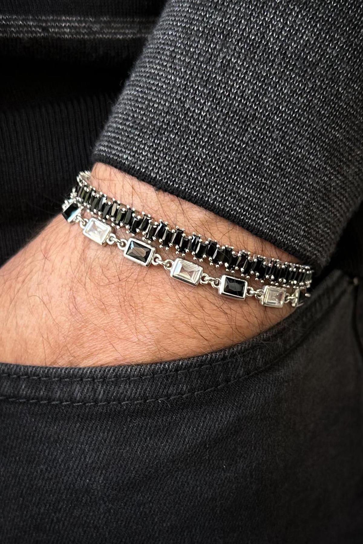 FRNCH 925 Ayar Gümüş Siyah Zirkon Taşlı Gümüş Renk Erkek Bileklik Set FRJ12696-3696-S2