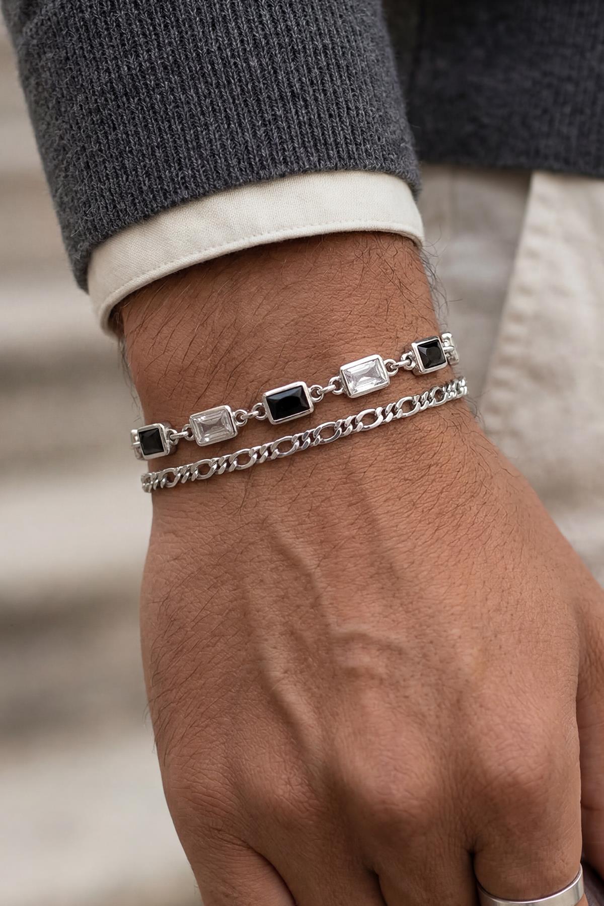 FRNCH 925 Ayar Gümüş Siyah Zirkon Taşlı Gümüş Renk Erkek Bileklik Set FRJ12905-3905-S