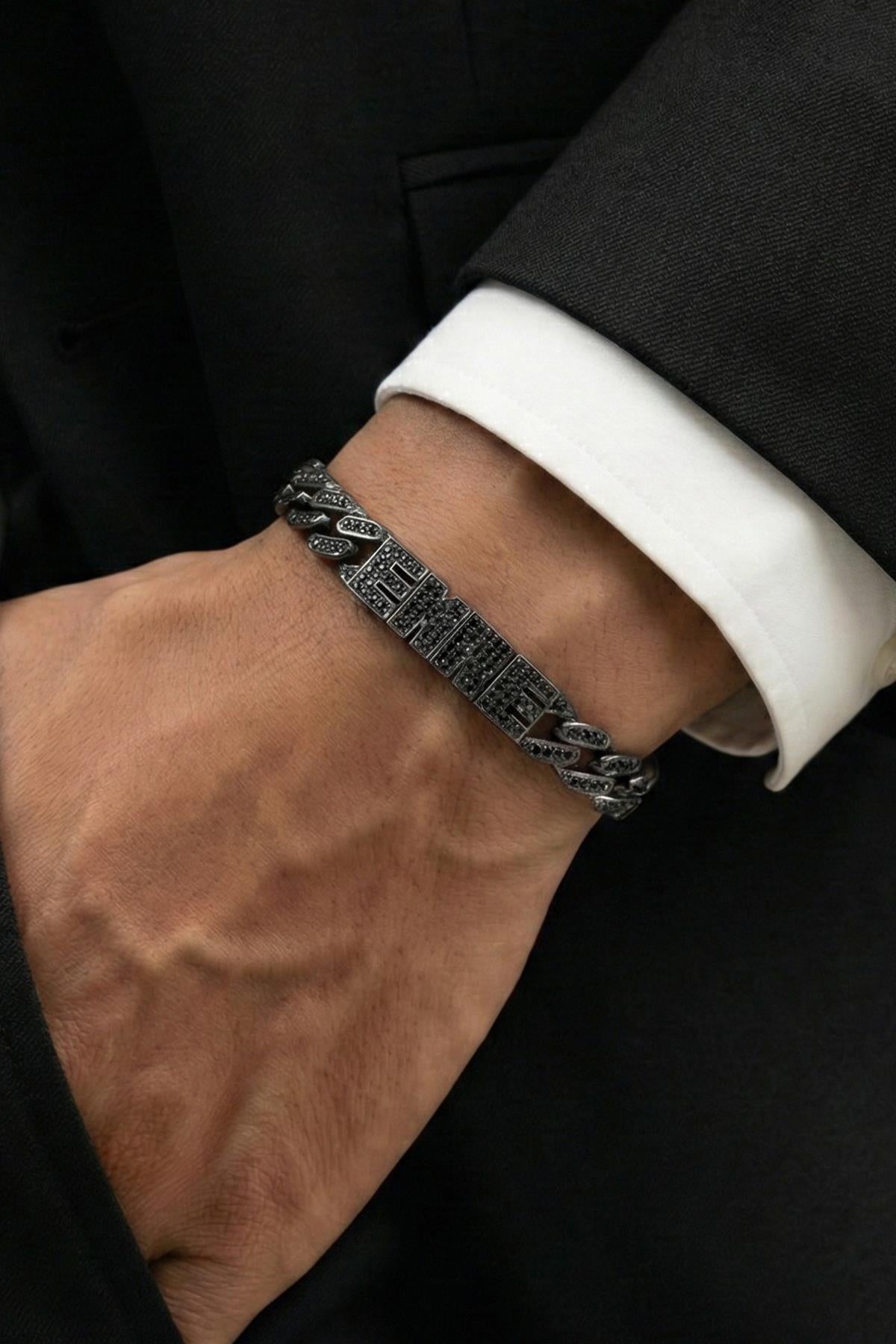 FRNCH 925 Ayar Gümüş Siyah Zirkon Taşlı İsim Yazılan Siyah Renk Erkek Bileklik FRJ12892-3892-S